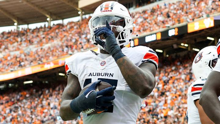 Oct 3, 2026; Knoxville, Tennessee, USA;  Auburn Tigers linebacker Xavier Atkins (17) reacts after an interception against the Tennessee Volunteers during the second quarter at Neyland Stadium.  Mandatory Credit: Randy Sartin-Imagn Images
