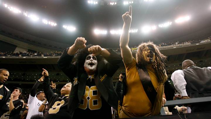 Nov. 2, 2009; New Orleans, LA, USA; New Orleans Saints cheer late in the game against the Atlanta Falcons at the Louisiana Superdome. The Saints defeated the Falcons 35-27. Mandatory Credit: Matt Stamey-USA TODAY Sports Nov. 2, 2009; New Orleans, LA, USA; New Orleans Saints cheer late in the game against the Atlanta Falcons at the Louisiana Superdome. The Saints defeated the Falcons 35-27. Mandatory Credit: Matt Stamey-USA TODAY Sports