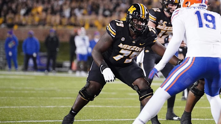 Nov 18, 2023; Columbia, Missouri, USA; Missouri Tigers offensive lineman Armand Membou (79) at the line of scrimmage against the Florida Gators during the game at Faurot Field at Memorial Stadium. Mandatory Credit: Denny Medley-Imagn Images