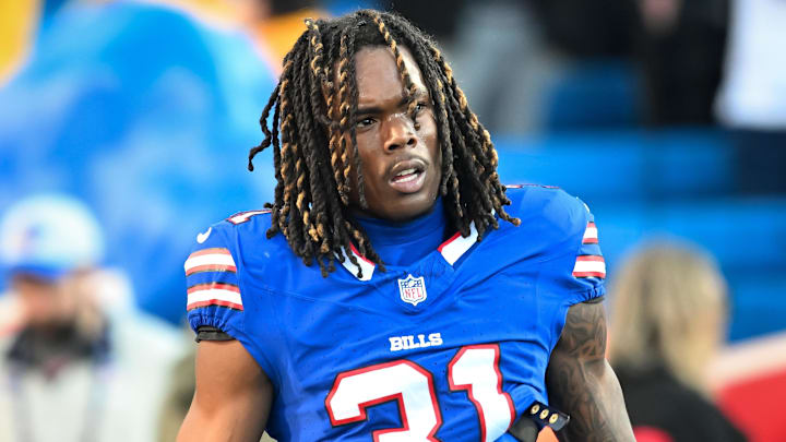 Nov 2, 2025; Orchard Park, New York, USA; Buffalo Bills cornerback Maxwell Hairston (31) warms up before a game against the Kansas City Chiefs at Highmark Stadium. Mandatory Credit: Mark Konezny-Imagn Images
