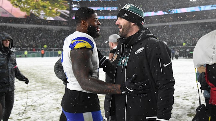 Jan 19, 2025; Philadelphia, Pennsylvania, USA; Los Angeles Rams linebacker Jared Verse (8) greets Philadelphia Eagles head coach Nick Sirianni (right) after the 2025 NFC divisional round game at Lincoln Financial Field. Mandatory Credit: Eric Hartline-Imagn Images