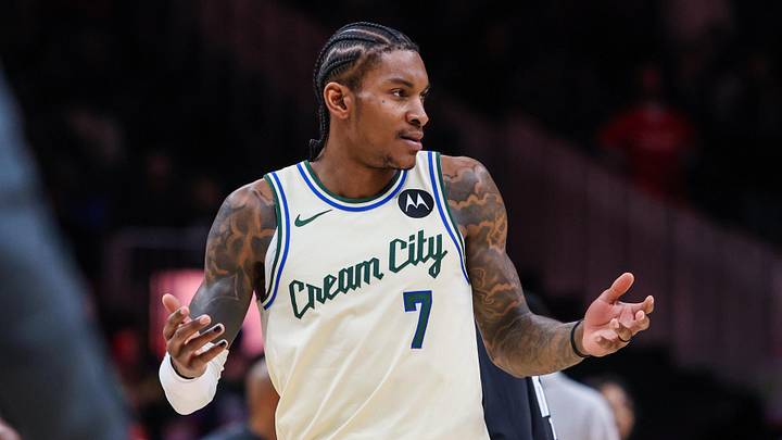 Jan 19, 2026; Atlanta, Georgia, USA; Milwaukee Bucks guard Kevin Porter Jr. (7) reacts to a call against the Atlanta Hawks during the fourth quarter at State Farm Arena. Mandatory Credit: Jordan Godfree-Imagn Images
