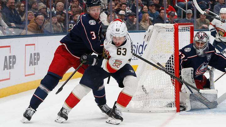 Mar 5, 2026; Columbus, Ohio, USA; Columbus Blue Jackets center Charlie Coyle (3) checks Florida Panthers left wing Brad Marchand (63) during the first period at Nationwide Arena. Mandatory Credit: Russell LaBounty-Imagn Images Mar 5, 2026; Columbus, Ohio, USA; Columbus Blue Jackets center Charlie Coyle (3) checks Florida Panthers left wing Brad Marchand (63) during the first period at Nationwide Arena. Mandatory Credit: Russell LaBounty-Imagn Images