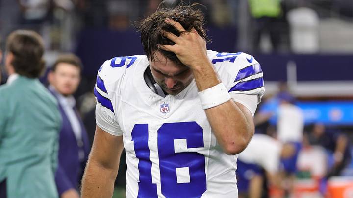 Dallas Cowboys quarterback Sam Howell (16) reacts after the game against the New Orleans Saints at AT&T Stadium.  Mandatory Credit: Kevin Jairaj-Imagn Images