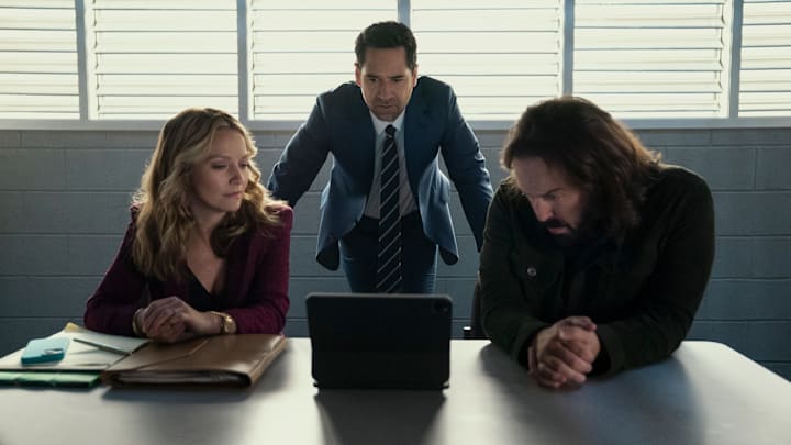 The Lincoln Lawyer. (L to R) Becki Newton as Lorna Crane, Manuel Garcia-Rulfo as Mickey Haller, Angus Sampson as Denis "Cisco" Wojciechowski in episode 402 of The Lincoln Lawyer. 