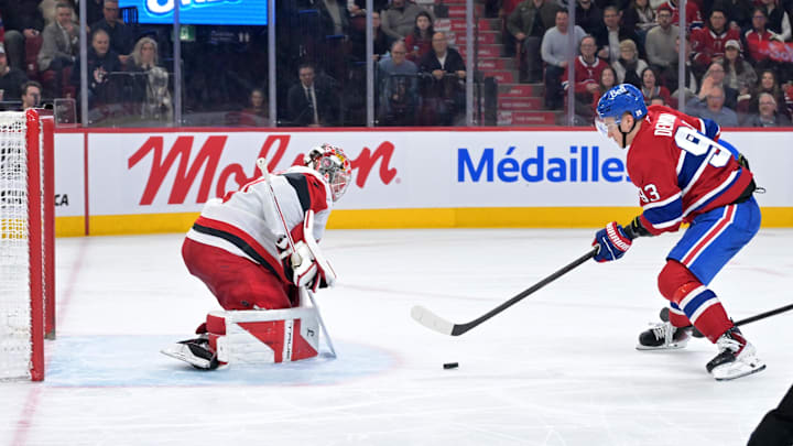 Mar 24, 2026; Montreal, Quebec, CAN; Montreal Canadiens forward Ivan Demidov (93) scores a goal against Carolina Hurricanes goalie Frederik Andersen (31) during the third period at the Bell Centre. Mandatory Credit: Eric Bolte-Imagn Images