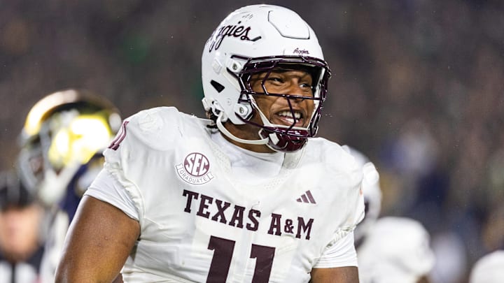 September 13, 2025: Texas A&M defensive lineman Tyler Onyedim (11) reacts during NCAA, College League, USA football game action between the Texas A&M Aggies and the Notre Dame Fighting Irish at Notre Dame Stadium in South Bend, Indiana. 