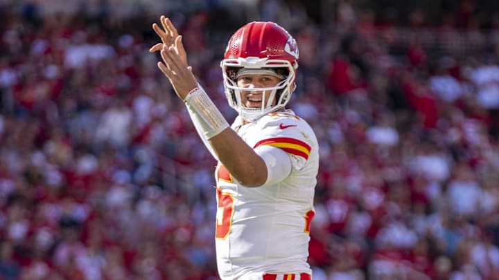 October 20, 2024; Santa Clara, California, USA; Kansas City Chiefs quarterback Patrick Mahomes (15) celebrates a touchdown against the San Francisco 49ers during the second quarter at Levi's Stadium. Mandatory Credit: Kyle Terada-Imagn Images