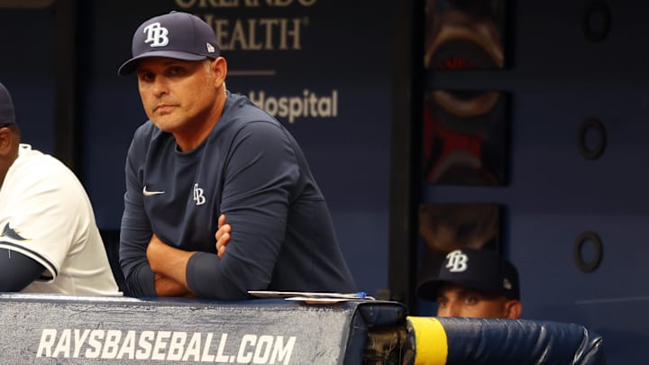 Mar 28, 2024; St. Petersburg, Florida, USA; Tampa Bay Rays manager Kevin Cash looks on against the