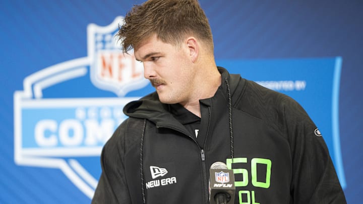 Mar 1, 2025; Indianapolis, IN, USA; North Dakota State University offensive lineman Grey Zabel (OL50) answers questions at a press conference during the 2025 NFL Combine at Indiana Convention Center. 
