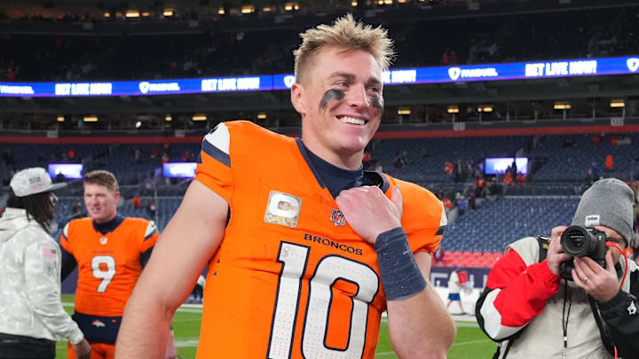 Denver Broncos quarterback Bo Nix reacts following the win over the Atlanta Falcons.