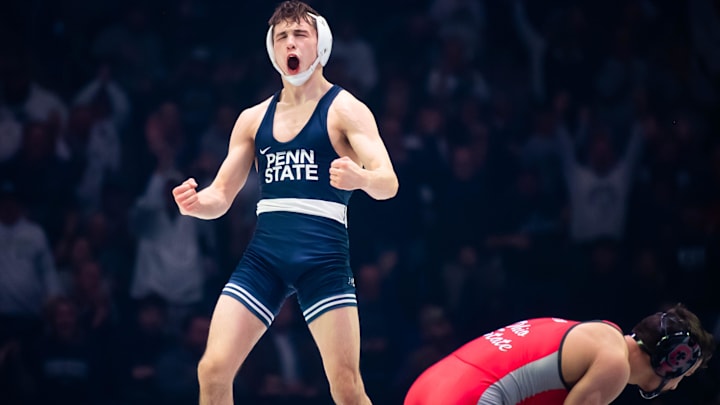 Penn State Nittany Lions wrestler Luke Lilledahl celebrates after defeating Ohio State's Nic Bouzakis 4-1 in sudden victory at 125 pounds during a Big Ten wrestling match inside the Bryce Jordan Center. Penn State Nittany Lions wrestler Luke Lilledahl celebrates after defeating Ohio State's Nic Bouzakis 4-1 in sudden victory at 125 pounds during a Big Ten wrestling match inside the Bryce Jordan Center.
