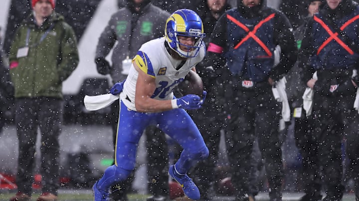 Jan 19, 2025; Philadelphia, Pennsylvania, USA; Los Angeles Rams wide receiver Cooper Kupp (10) catches a pass in the second quarter against the Philadelphia Eagles in a 2025 NFC divisional round game at Lincoln Financial Field. Mandatory Credit: Bill Streicher-Imagn Images
