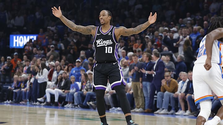 Oct 28, 2025; Oklahoma City, Oklahoma, USA; Sacramento Kings guard DeMar DeRozan (10) reacts after scoring against the Oklahoma City Thunder during the second quarter at Paycom Center. Mandatory Credit: Alonzo Adams-Imagn Images Oct 28, 2025; Oklahoma City, Oklahoma, USA; Sacramento Kings guard DeMar DeRozan (10) reacts after scoring against the Oklahoma City Thunder during the second quarter at Paycom Center. Mandatory Credit: Alonzo Adams-Imagn Images