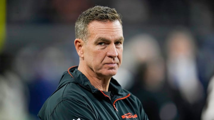 Cincinnati Bengals defensive coordinator Lou Anarumo takes the field as the Bengals warm up before facing the Dallas Cowboys for Monday Night Football at AT&T Stadium in Arlington, Texas on Monday, December 9, 2024. Cincinnati Bengals defensive coordinator Lou Anarumo takes the field as the Bengals warm up before facing the Dallas Cowboys for Monday Night Football at AT&T Stadium in Arlington, Texas on Monday, December 9, 2024.