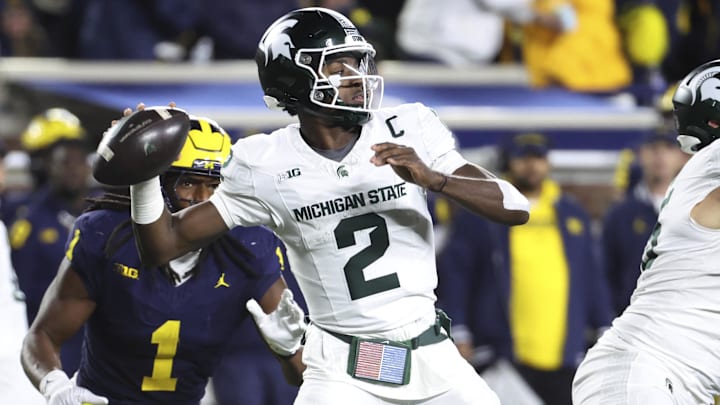Oct 26, 2024; Ann Arbor, Michigan, USA;  Michigan State Spartans quarterback Aidan Chiles (2) passes in the second half against the Michigan Wolverines at Michigan Stadium. Mandatory Credit: Rick Osentoski-Imagn Images