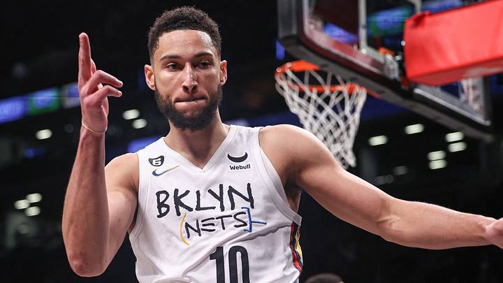 Brooklyn Nets guard Ben Simmons (10) reacts  (Mandatory Credit: Vincent Carchietta-USA TODAY Sports)