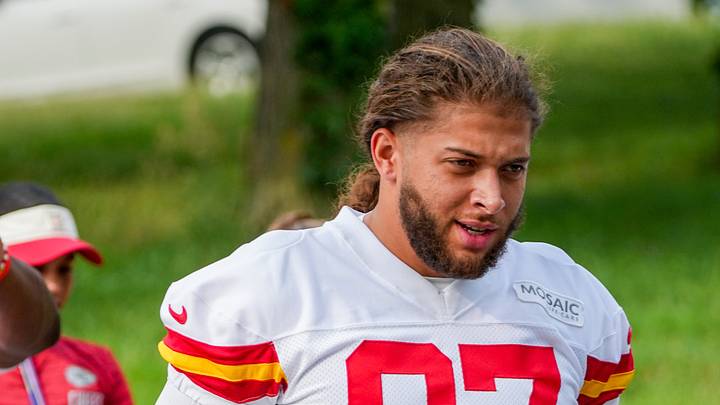 Jul 29, 2026; St. Joseph, MO, USA; Kansas City Chiefs   defensive end Ashton Gillotte (97) walks down the hill to the practice fields during training camp at Missouri Western State University. Mandatory Credit: Denny Medley-Imagn Images