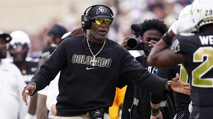 Sep 6, 2025; Boulder, Colorado, USA; Colorado Buffaloes head coach Deion Sanders during the second half against the Delaware Fightin Blue Hens at Folsom Field. Mandatory Credit: Ron Chenoy-Imagn Images