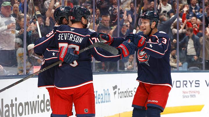 Oct 9, 2026; Columbus, Ohio, USA; Columbus Blue Jackets defenseman Damon Severson (78) celebrates his goal against the Pittsburgh Penguins during the first period at Nationwide Arena. Mandatory Credit: Russell LaBounty-Imagn Images Oct 9, 2026; Columbus, Ohio, USA; Columbus Blue Jackets defenseman Damon Severson (78) celebrates his goal against the Pittsburgh Penguins during the first period at Nationwide Arena. Mandatory Credit: Russell LaBounty-Imagn Images