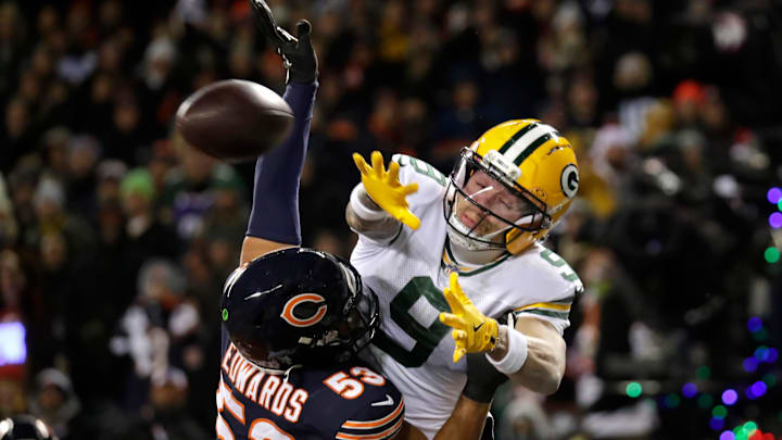 Linebacker T.J. Edwards breaks up a pass intended for Packers wide receiver Christian Watson in the Bears' Week 16 win.