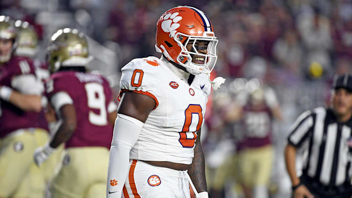 Oct 5, 2024; Tallahassee, Florida, USA; Clemson Tigers linebacker Barrett Carter (0) celebrates after a sack against the Florida State Seminoles during the first half at Doak S. Campbell Stadium. Mandatory Credit: Melina Myers-Imagn Images