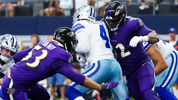 Sep 22, 2024; Arlington, Texas, USA; Baltimore Ravens defensive tackle Nnamdi Madubuike (92) and linebacker Kyle Van Noy (53) tackle Dallas Cowboys quarterback Dak Prescott (4) during the first half at AT&T Stadium. Mandatory Credit: Kevin Jairaj-Imagn Images Sep 22, 2024; Arlington, Texas, USA; Baltimore Ravens defensive tackle Nnamdi Madubuike (92) and linebacker Kyle Van Noy (53) tackle Dallas Cowboys quarterback Dak Prescott (4) during the first half at AT&T Stadium. Mandatory Credit: Kevin Jairaj-Imagn Images