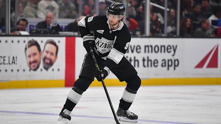 Apr 10, 2025; Los Angeles, California, USA; Los Angeles Kings right wing Adrian Kempe (9) controls the puck against the Anaheim Ducks during the second period at Crypto.com Arena. Mandatory Credit: Gary A. Vasquez-Imagn Images Apr 10, 2025; Los Angeles, California, USA; Los Angeles Kings right wing Adrian Kempe (9) controls the puck against the Anaheim Ducks during the second period at Crypto.com Arena. Mandatory Credit: Gary A. Vasquez-Imagn Images