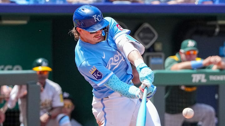 Jun 15, 2025; Kansas City, Missouri, USA; Kansas City Royals shortstop Bobby Witt Jr. (7) hits a single against the Athletics during the fifth inning of the game at Kauffman Stadium. Mandatory Credit: Denny Medley-Imagn Images Jun 15, 2025; Kansas City, Missouri, USA; Kansas City Royals shortstop Bobby Witt Jr. (7) hits a single against the Athletics during the fifth inning of the game at Kauffman Stadium. Mandatory Credit: Denny Medley-Imagn Images