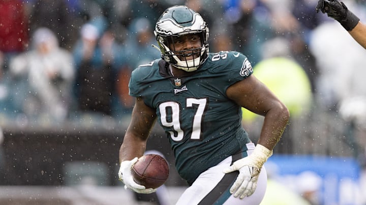 Oct 2, 2022; Philadelphia, Pennsylvania, USA; Philadelphia Eagles defensive tackle Javon Hargrave (97) reacts after a fumble recovery against the Jacksonville Jaguars at Lincoln Financial Field.