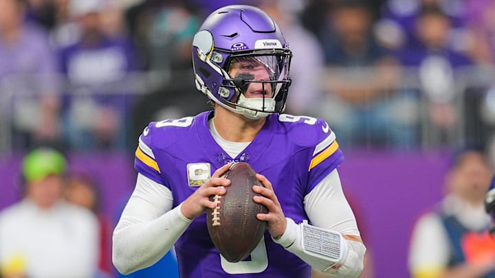 Nov 9, 2025; Minneapolis, Minnesota, USA; Minnesota Vikings quarterback J.J. McCarthy (9) drops back to pass against the Baltimore Ravens in the second quarter at U.S. Bank Stadium. Mandatory Credit: Brad Rempel-Imagn Images