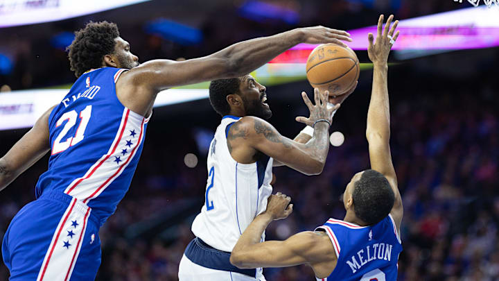 Mar 29, 2023; Philadelphia, Pennsylvania, USA; Dallas Mavericks guard Kyrie Irving (2) drives