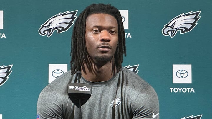 Eagles rookie LB Smael Mondon speaks with reporters on May 3, 2025. Eagles rookie LB Smael Mondon speaks with reporters on May 3, 2025.