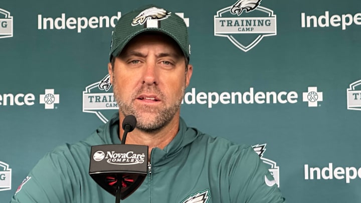 Eagles OC Kevin Patullo speaks with reporters on Aug. 19, 2025. Eagles OC Kevin Patullo speaks with reporters on Aug. 19, 2025.