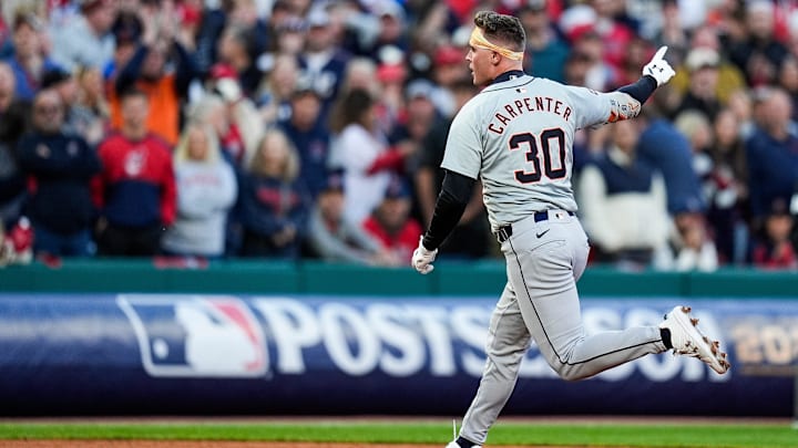 Detroit Tigers outfielder Kerry Carpenter (30) celebrates batting a 3-run home run against Cleveland Guardians during the ninth inning of Game 2 of ALDS at Progressive Field in Cleveland, Ohio on Monday, Oct. 7, 2024.