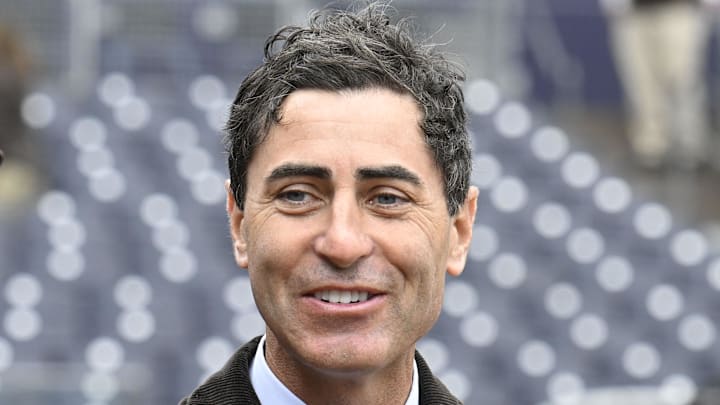Mar 27, 2025; San Diego, California, USA; San Diego Padres general manager A.J. Preller looks on before an Opening Day baseball game between the San Diego Padres and the Atlanta Braves at Petco Park. Mandatory Credit: Denis Poroy-Imagn Images
Mar 27, 2025; San Diego, California, USA; San Diego Padres general manager A.J. Preller looks on before an Opening Day baseball game between the San Diego Padres and the Atlanta Braves at Petco Park. Mandatory Credit: Denis Poroy-Imagn Images