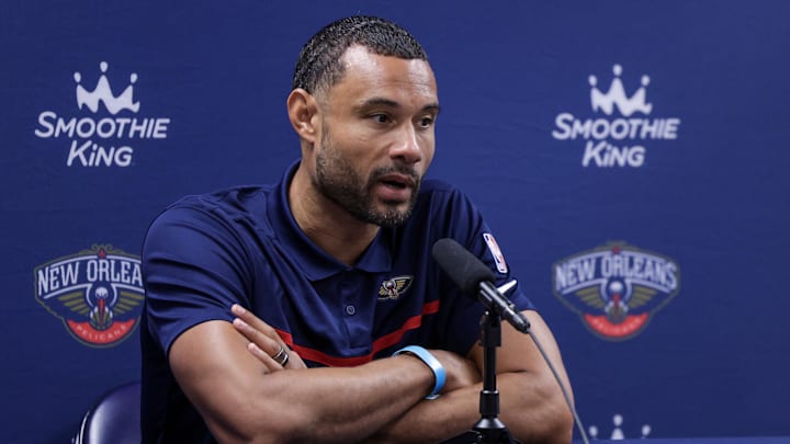 Sep 26, 2022; New Orleans, LA, USA; New Orleans Pelicans general manager Trajan Langdon during a press conference at the New Orleans Pelicans Media Day from the Smoothie King Center. Mandatory Credit: Stephen Lew-Imagn Images Sep 26, 2022; New Orleans, LA, USA; New Orleans Pelicans general manager Trajan Langdon during a press conference at the New Orleans Pelicans Media Day from the Smoothie King Center. Mandatory Credit: Stephen Lew-Imagn Images
