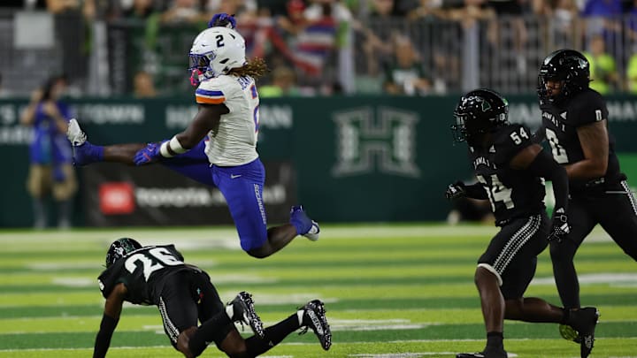 Boise State's star RB Ashton Jeanty leapt past this Hawaii defender two weeks ago. What will he do on Saturday? Mandatory Credit: Marco Garcia-Imagn Images