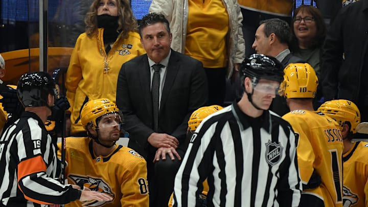 Dec 3, 2023; Nashville, Tennessee, USA; Nashville Predators head coach Andrew Brunette looks on from
