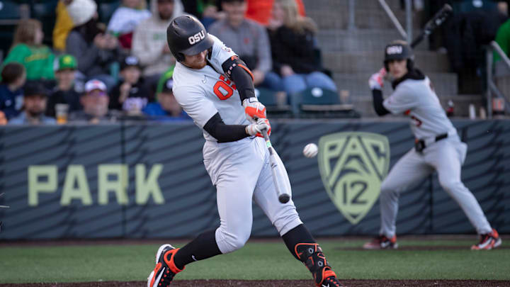 Oregon State infielder Jacob Krieg hits a home run as the Oregon Ducks host the Oregon State Beavers Tuesday, April 30, 2024, at PK Park in Eugene, Ore. Oregon State infielder Jacob Krieg hits a home run as the Oregon Ducks host the Oregon State Beavers Tuesday, April 30, 2024, at PK Park in Eugene, Ore.