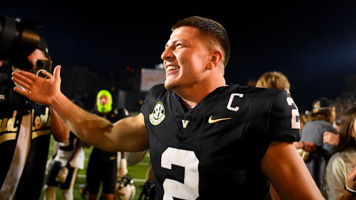 Nov 8, 2025; Nashville, Tennessee, USA; Vanderbilt Commodores quarterback Diego Pavia (2) celebrates the win against the Auburn Tigers during the overtime period at FirstBank Stadium. Mandatory Credit: Steve Roberts-Imagn Images Nov 8, 2025; Nashville, Tennessee, USA; Vanderbilt Commodores quarterback Diego Pavia (2) celebrates the win against the Auburn Tigers during the overtime period at FirstBank Stadium. Mandatory Credit: Steve Roberts-Imagn Images