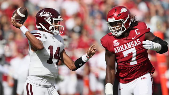 Oct 21, 2023; Fayetteville, Arkansas, USA; Mississippi State Bulldogs quarterback Mike Wright (14)