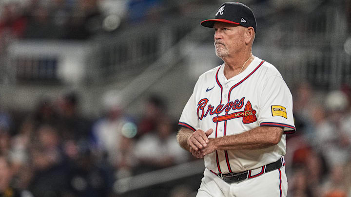 Atlanta Braves manager Brian Snitker (43) on the field against the Chicago Cubs during the eighth inning at Truist Park. 