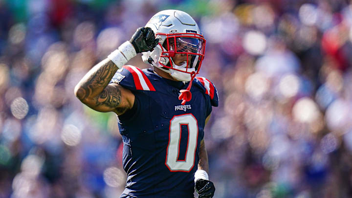 Sep 15, 2024; Foxborough, Massachusetts, USA; New England Patriots cornerback Christian Gonzalez (0) reacts after a play against the Seattle Seahawks in the second half at Gillette Stadium. Sep 15, 2024; Foxborough, Massachusetts, USA; New England Patriots cornerback Christian Gonzalez (0) reacts after a play against the Seattle Seahawks in the second half at Gillette Stadium.