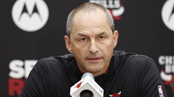 Sep 30, 2024; Chicago, Il, USA; Chicago Bulls vice president of basketball operations Arturas Karnisovas speaks during Chicago Bulls Media Day. Mandatory Credit: Kamil Krzaczynski-Imagn Images