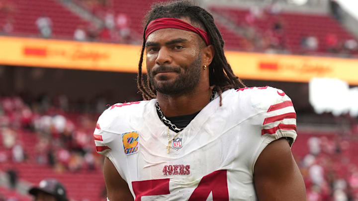 Sep 28, 2025; Santa Clara, California, USA; San Francisco 49ers middle linebacker Fred Warner (54) after the game against the Jacksonville Jaguars at Levi's Stadium.