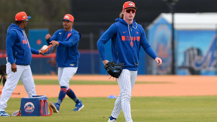 Feb 17, 2026; Port St. Lucie, FL, USA; New York Mets  infielder Ryan Clifford (87) looks on during spring training at Clover Park. Mandatory Credit: Sam Navarro-Imagn Images