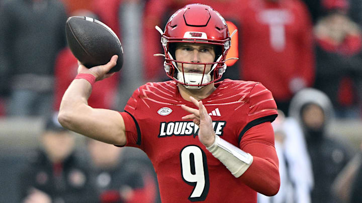 Nov 23, 2024; Louisville, Kentucky, USA;  Louisville Cardinals quarterback Tyler Shough (9) throws against the Pittsburgh Panthers during the first quarter at L&N Federal Credit Union Stadium. 