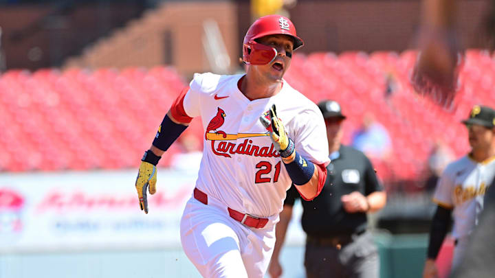 Aug 28, 2025; St. Louis, Missouri, USA; St. Louis Cardinals center fielder Lars Nootbaar (21) rounds second base as he advances home in the third inning against the Pittsburgh Pirates at Busch Stadium. Mandatory Credit: Tim Vizer-Imagn Images