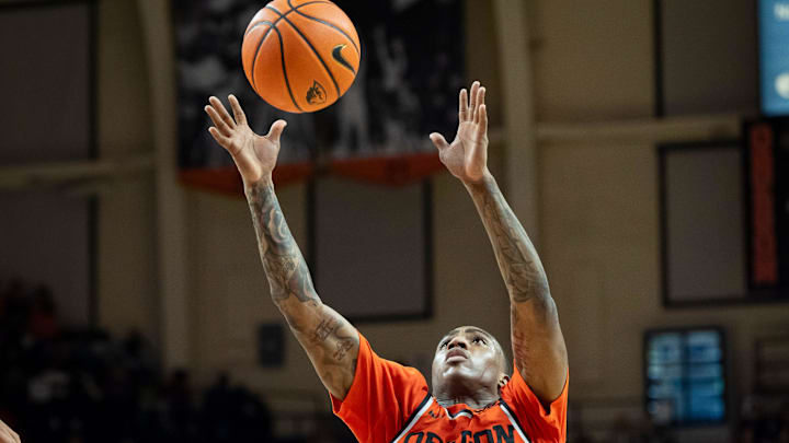 Oregon State guard Damarco Minor drags in a rebound as the Oregon State Beavers host the Oregon Ducks Thursday, Nov. 21, 2024 at Gill Coliseum in Corvallis, Ore. Oregon State guard Damarco Minor drags in a rebound as the Oregon State Beavers host the Oregon Ducks Thursday, Nov. 21, 2024 at Gill Coliseum in Corvallis, Ore.